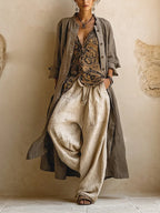 Women’s Elegant Three-Piece Set with Wide-Leg Trousers Camel