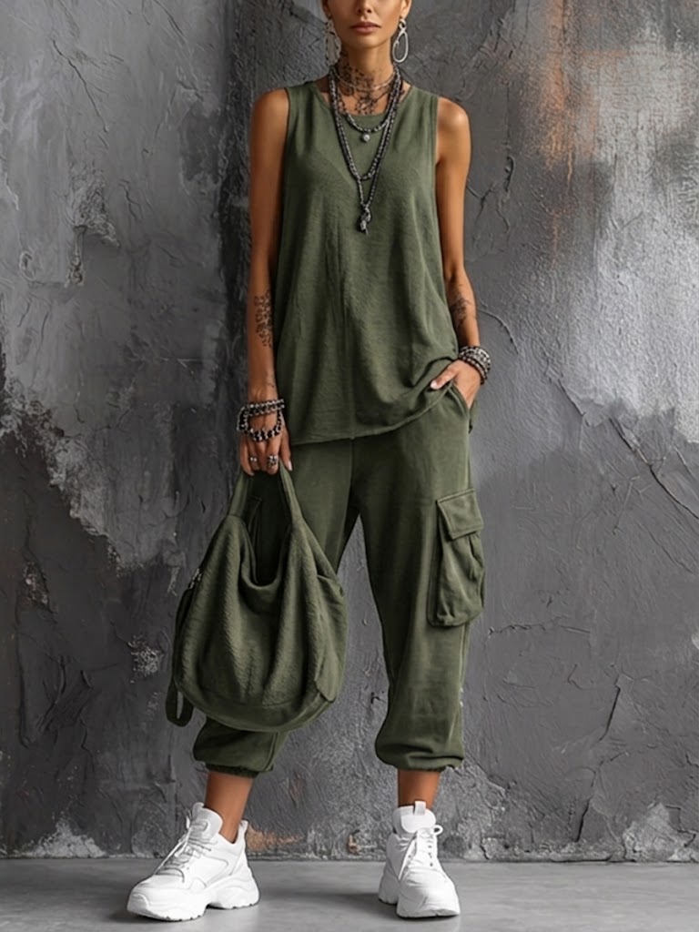 Women’s Comfortable Two-Piece Casual Set Army Green