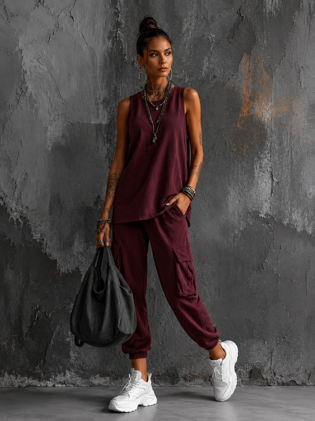 Women’s Comfortable Two-Piece Casual Set Wine Red