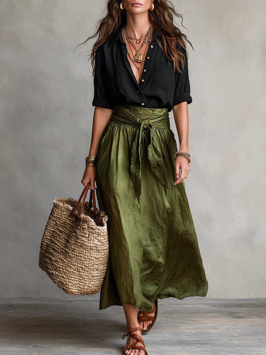 Women’s Two-Piece Colour Block Top and Trousers Set Black and Green