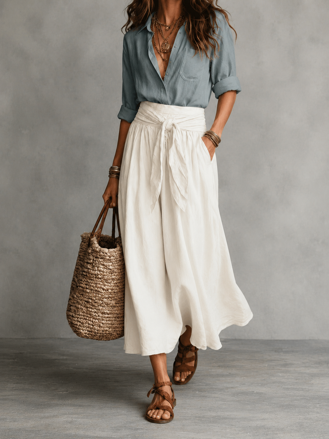 Women’s Two-Piece Colour Block Top and Trousers Set Grey and White