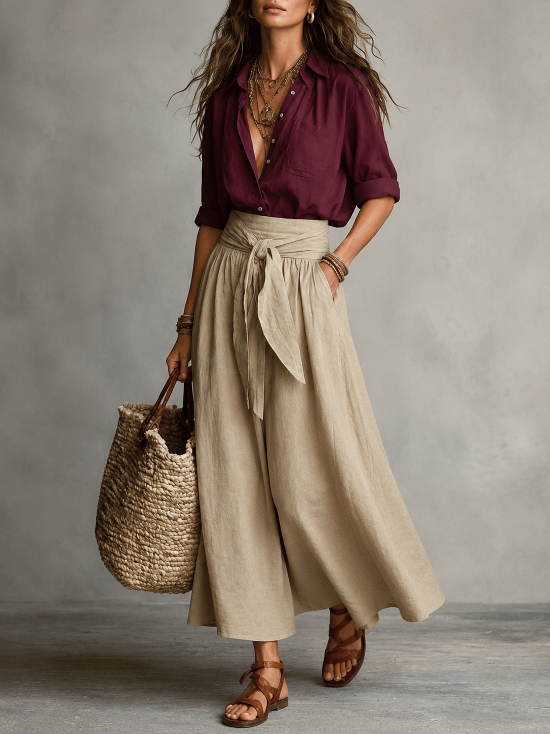 Women’s Two-Piece Colour Block Top and Trousers Set Khaki and Red