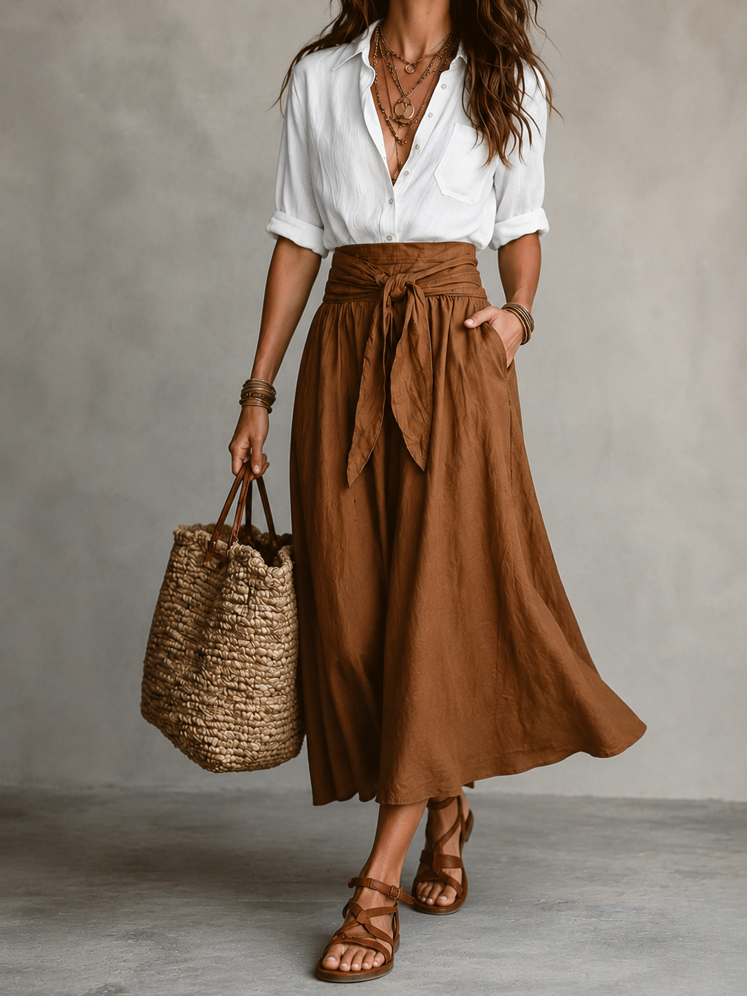 Women’s Two-Piece Colour Block Top and Trousers Set White and Brown
