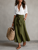 Women’s Two-Piece Colour Block Top and Trousers Set White and Green