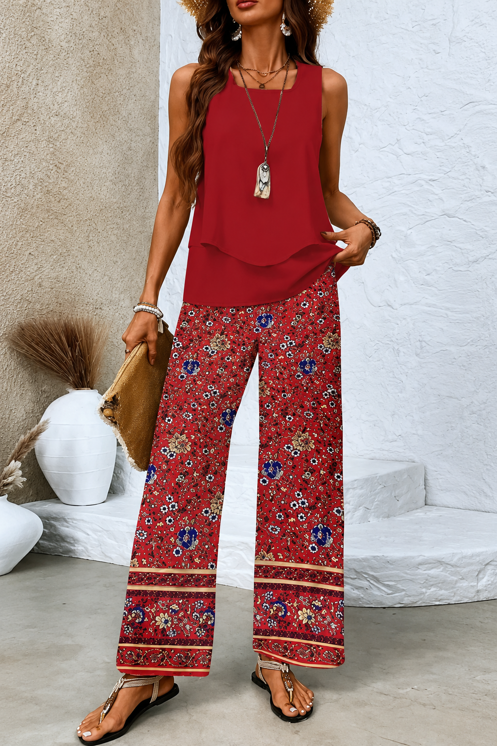 Women’s Relaxed Two-Piece Set with Top and Trousers Red