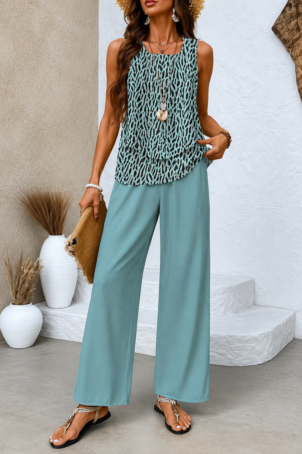Women’s Relaxed Two-Piece Set with Top and Trousers Sage Green