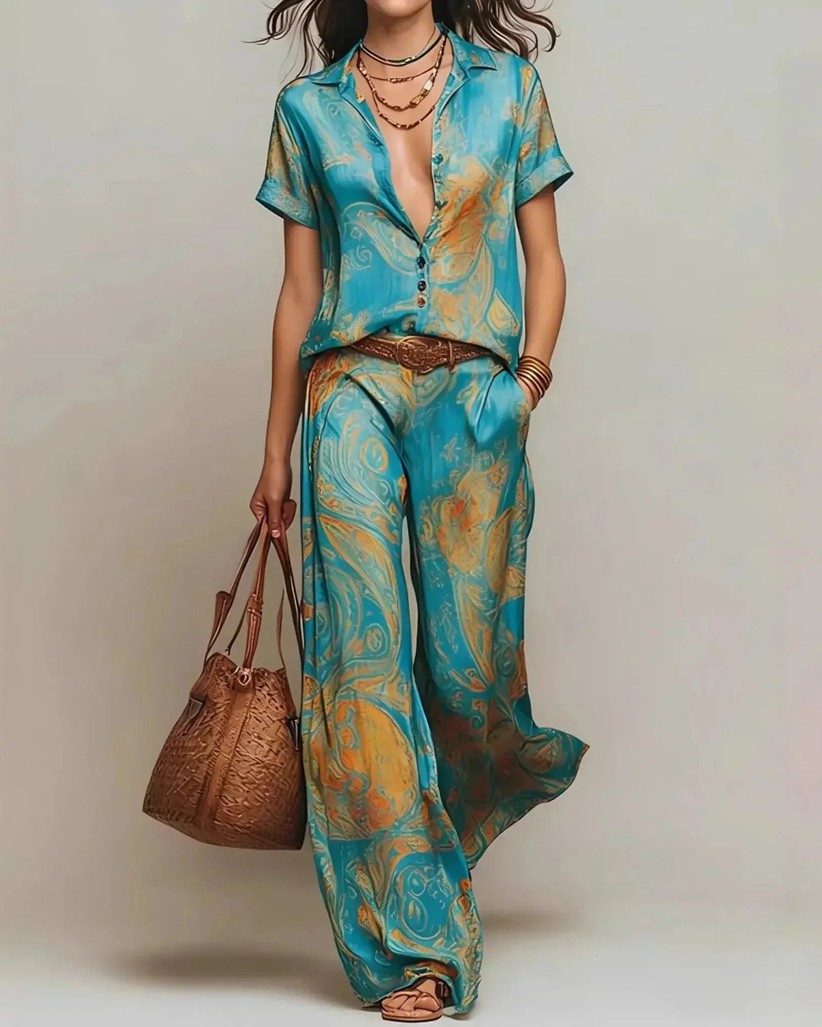 Women’s Elegant Two-Piece Set with Top and Trousers Green