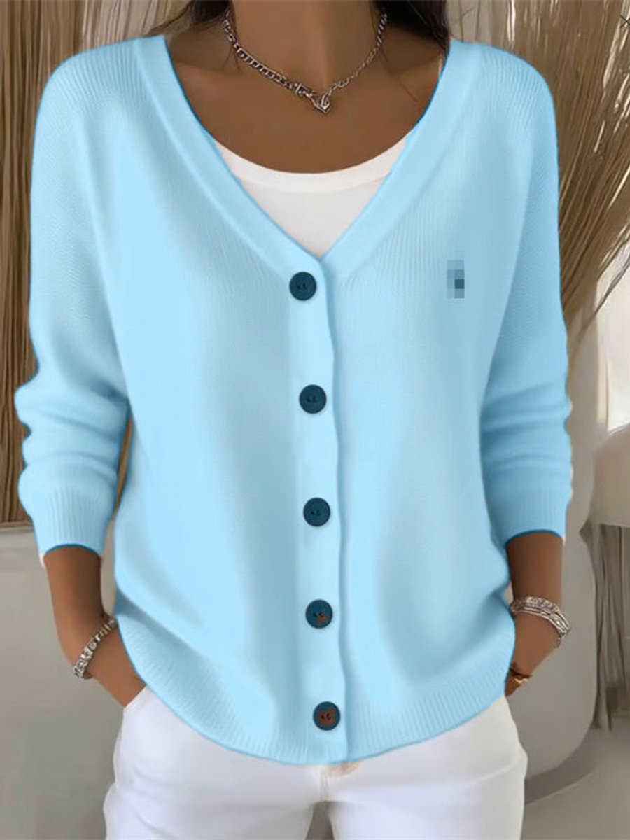 Women’s V-Neck Button-Front Long Sleeve Knitted Cardigan Blue