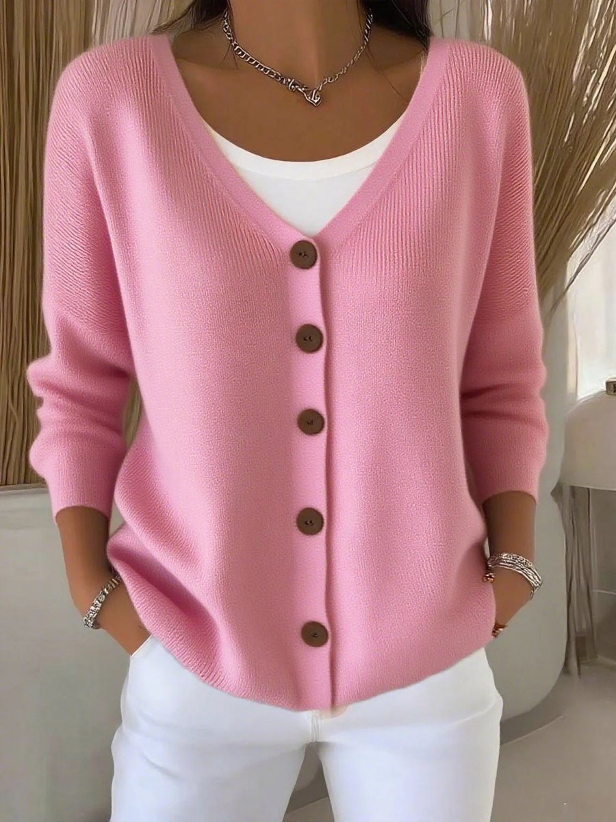 Women’s V-Neck Button-Front Long Sleeve Knitted Cardigan Pink