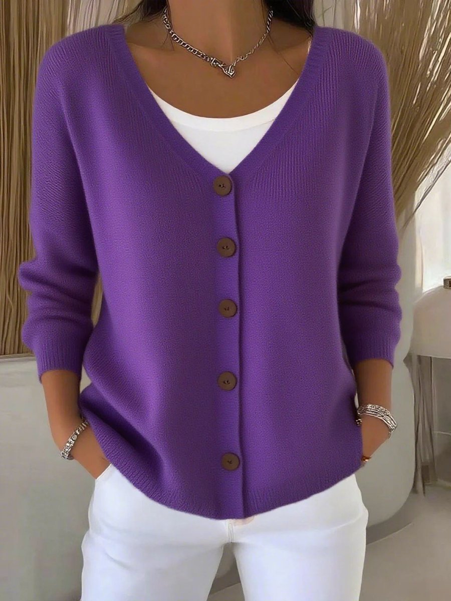 Women’s V-Neck Button-Front Long Sleeve Knitted Cardigan Purple