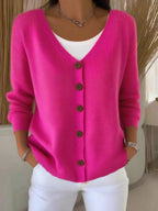 Women’s V-Neck Button-Front Long Sleeve Knitted Cardigan Rose Red