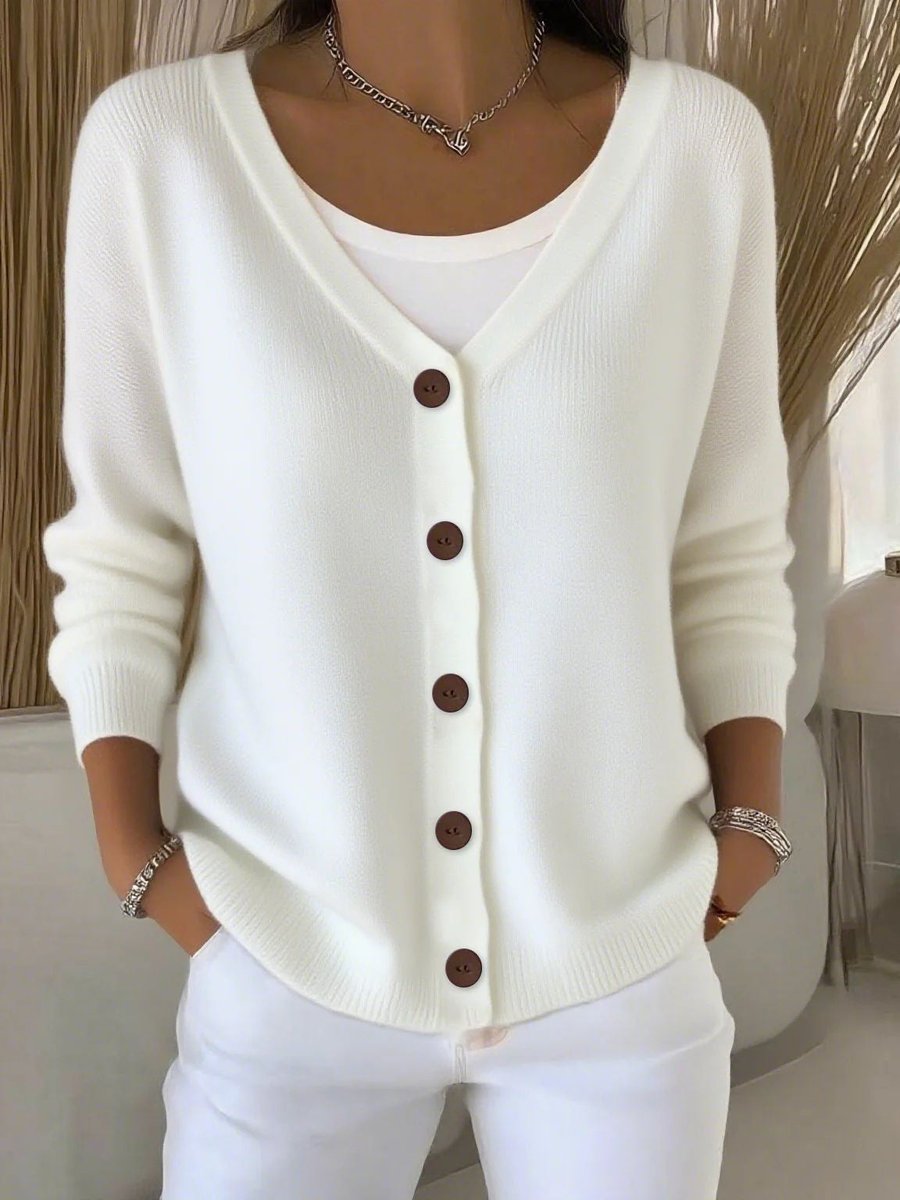 Women’s V-Neck Button-Front Long Sleeve Knitted Cardigan White
