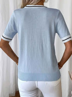 Women’s Contrast-Trim Tie-Front Short-Sleeve Jumper with V-Neck