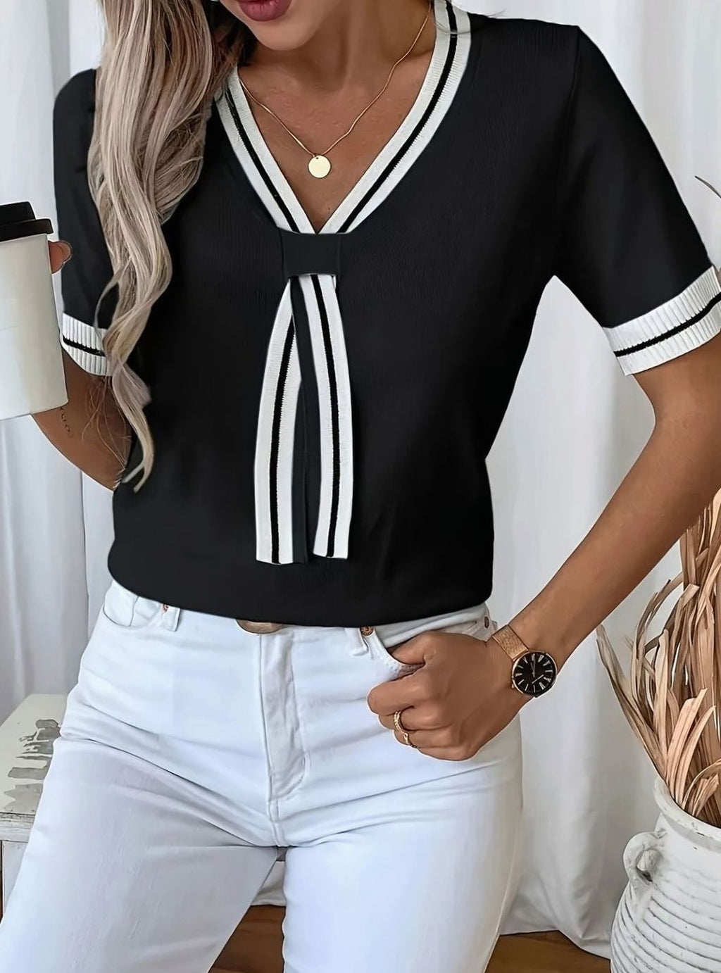 Women’s Contrast-Trim Tie-Front Short-Sleeve Jumper with V-Neck Black