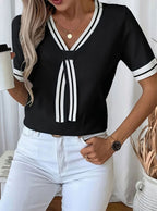 Women’s Contrast-Trim Tie-Front Short-Sleeve Jumper with V-Neck Black