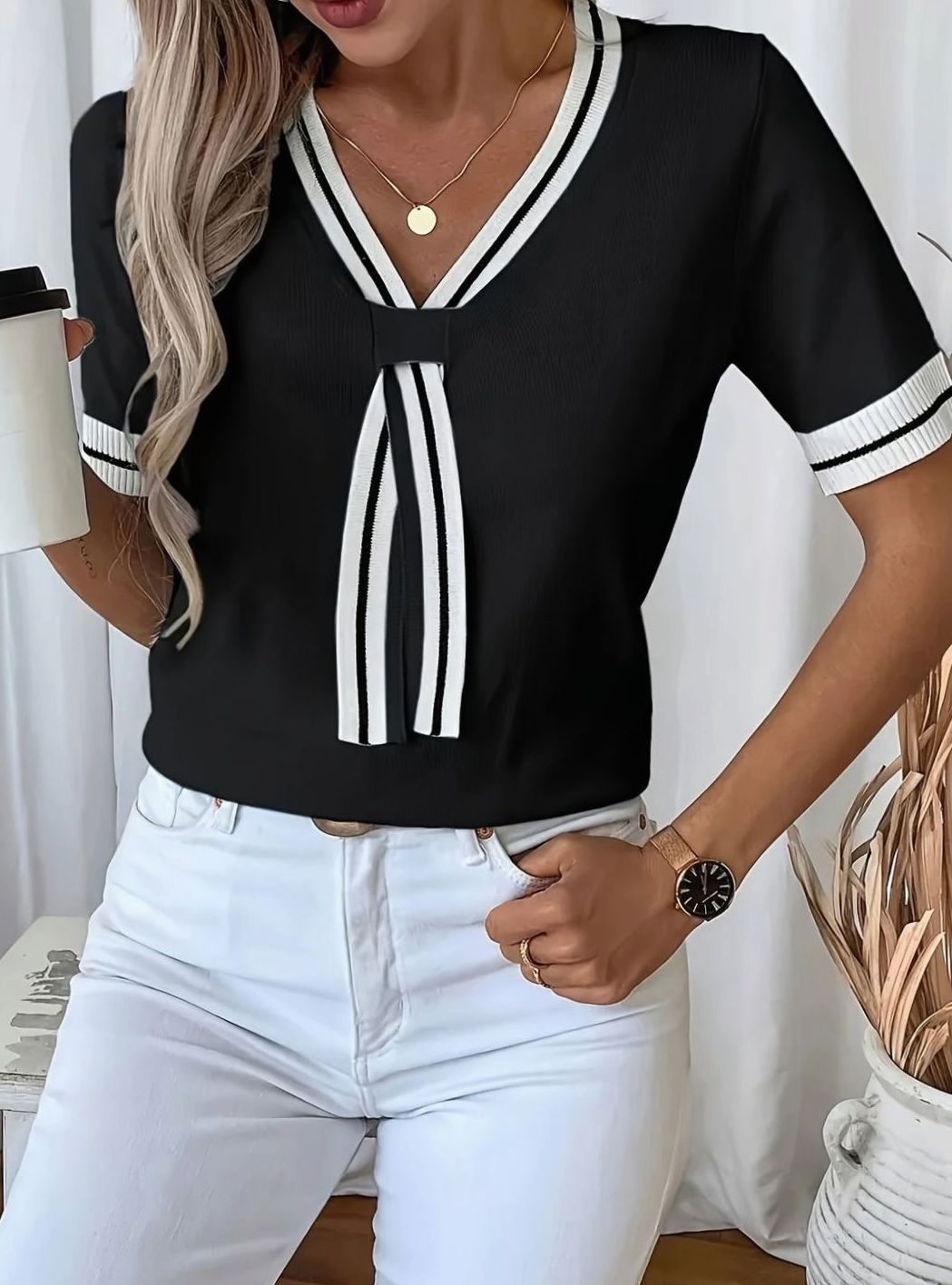 Women’s Contrast-Trim Tie-Front Short-Sleeve Jumper with V-Neck Black