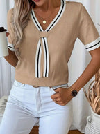 Women’s Contrast-Trim Tie-Front Short-Sleeve Jumper with V-Neck Khaki