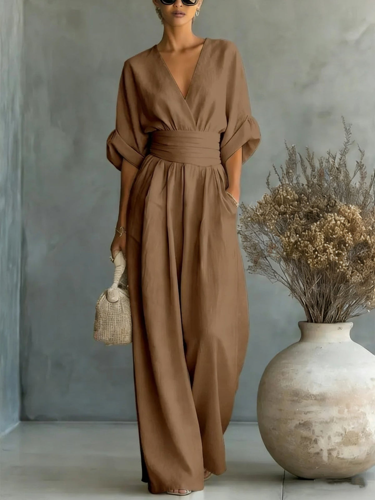 Women’s Elegant Jumpsuit with V-Neck Brown