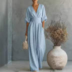 Women’s Elegant Jumpsuit with V-Neck Light Blue