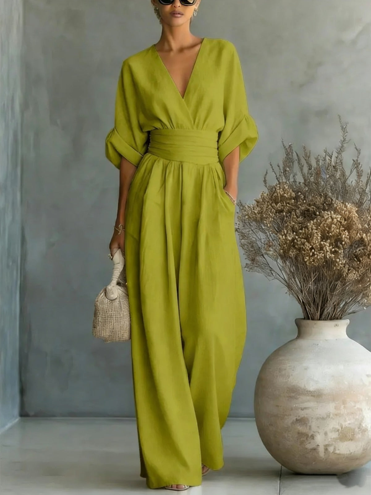Women’s Elegant Jumpsuit with V-Neck Light Green