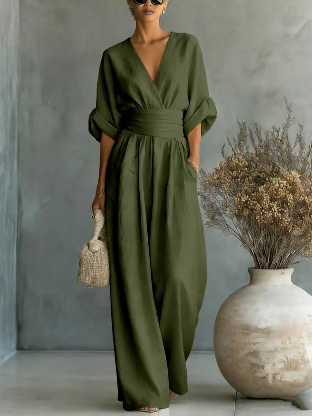 Women’s Elegant Jumpsuit with V-Neck Olive Green
