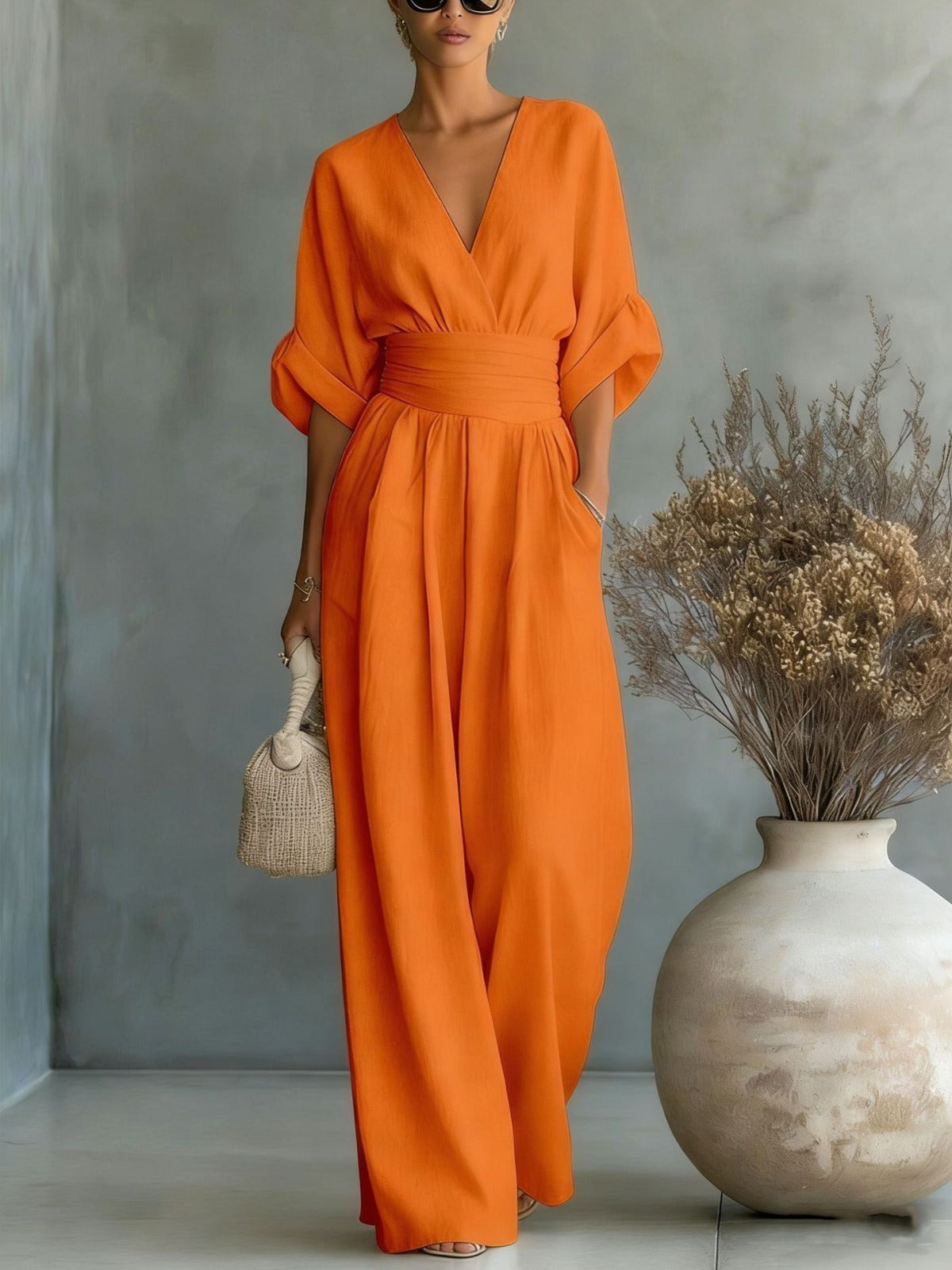 Women’s Elegant Jumpsuit with V-Neck Orange