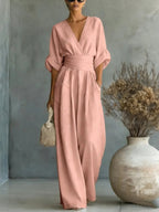 Women’s Elegant Jumpsuit with V-Neck Pink
