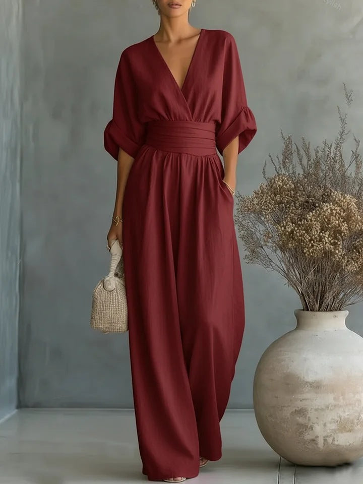 Women’s Elegant Jumpsuit with V-Neck Wine Red