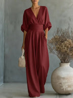 Women’s Elegant Jumpsuit with V-Neck Wine Red