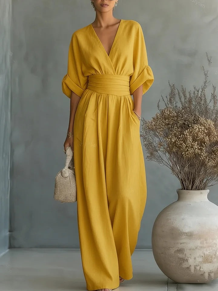 Women’s Elegant Jumpsuit with V-Neck Yellow