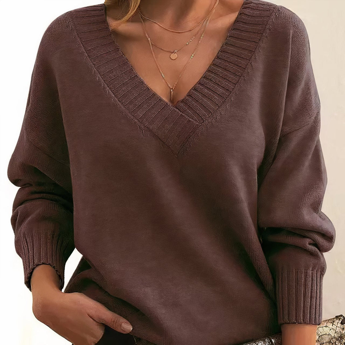 Women’s V-Neck Long Sleeve Knitted Jumper Auburn