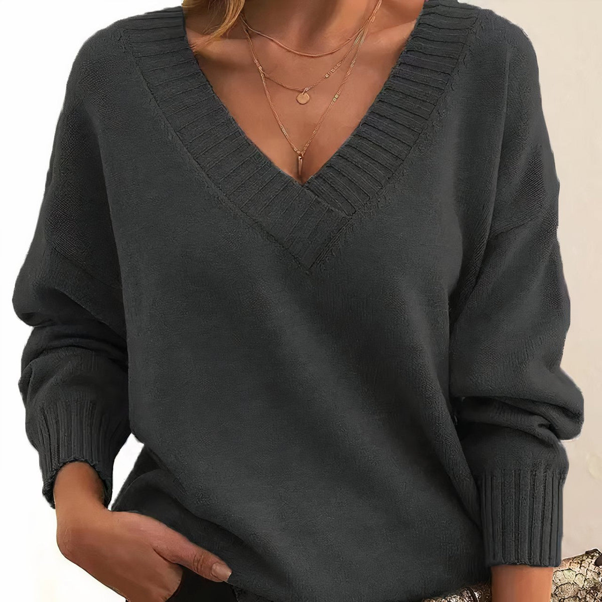 Women’s V-Neck Long Sleeve Knitted Jumper Dark Grey