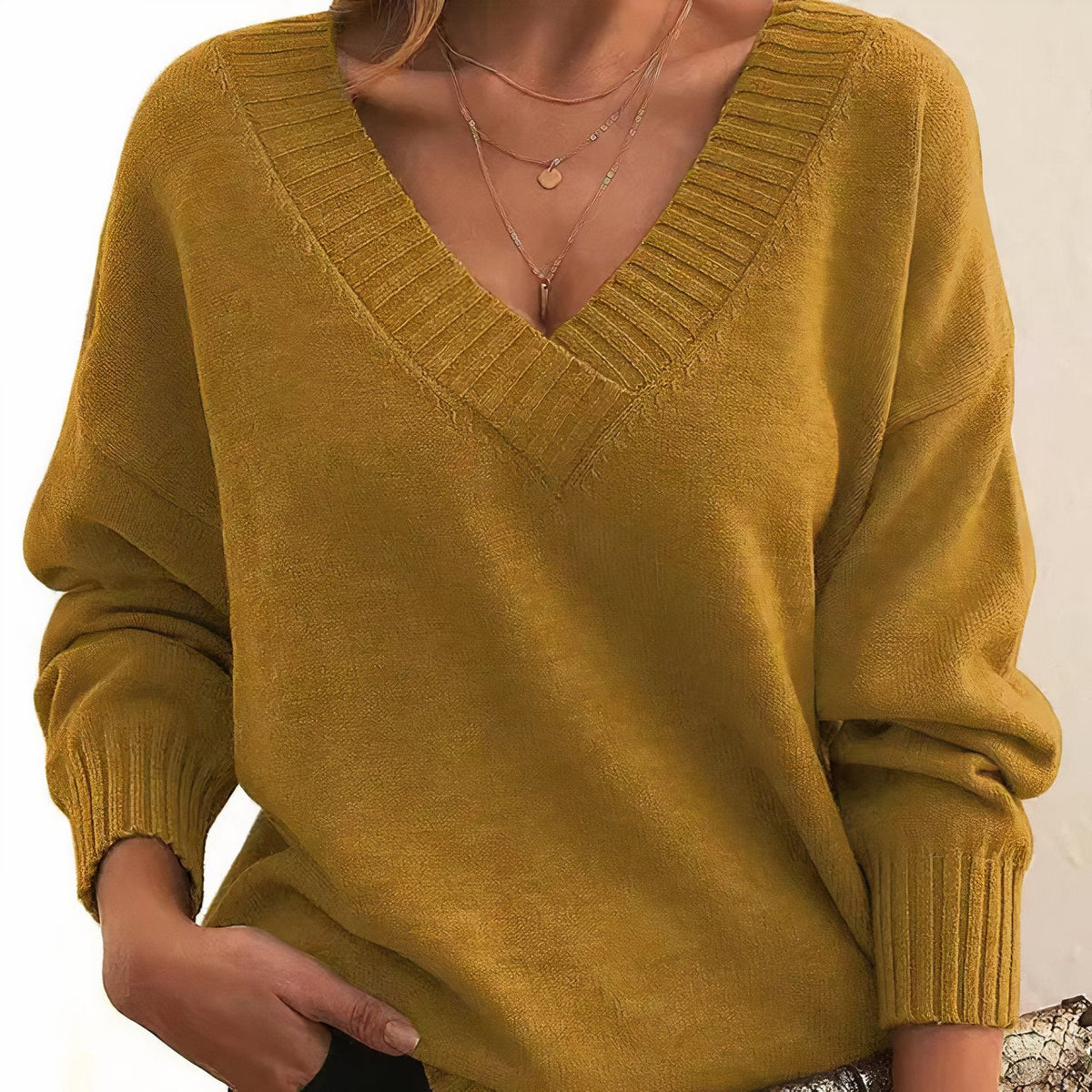 Women’s V-Neck Long Sleeve Knitted Jumper Gold