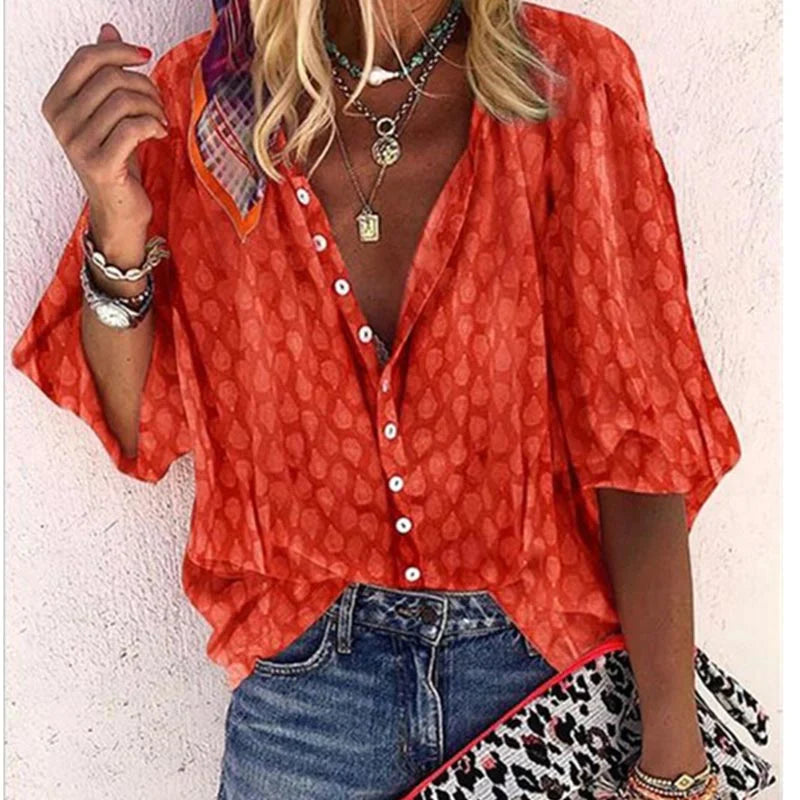 Women’s Printed Button Down Casual Blouse – Effortless Summer Style Orange