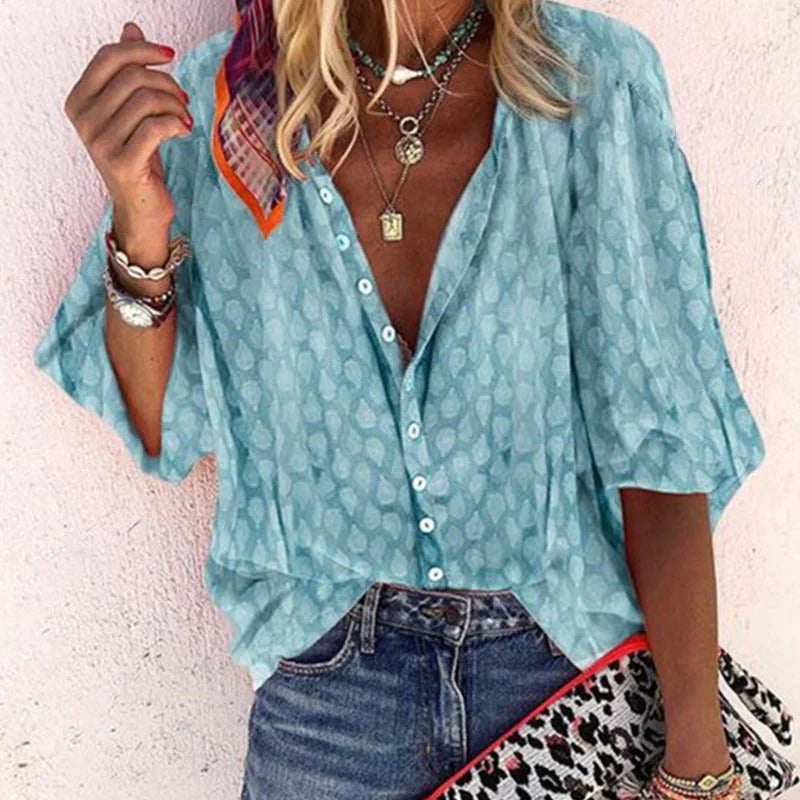 Women’s Printed Button Down Casual Blouse – Effortless Summer Style Blue