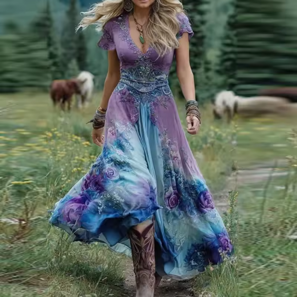 Women’s Stylish Vintage-Inspired Boho Dress Blue