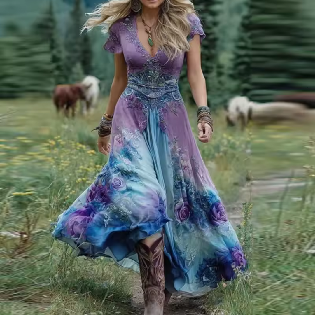 Women’s Stylish Vintage-Inspired Boho Dress Blue