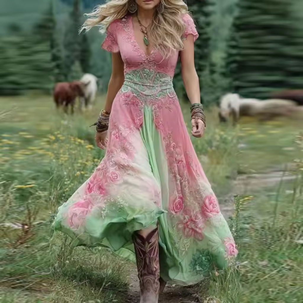 Women’s Stylish Vintage-Inspired Boho Dress Pink