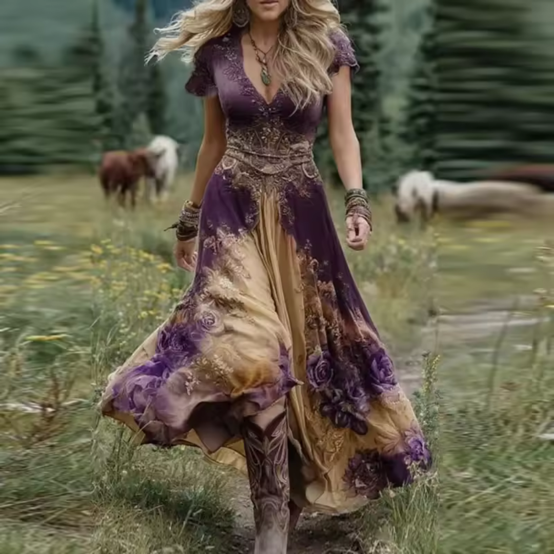 Women’s Stylish Vintage-Inspired Boho Dress Purple
