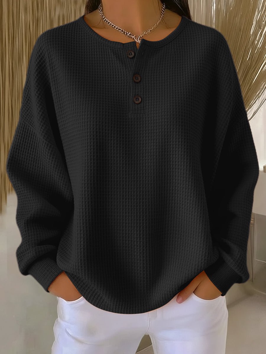 Women’s Oversized Waffle Knit Henley Jumper Black