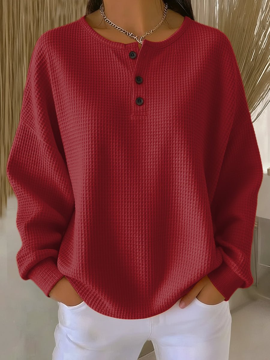 Women’s Oversized Waffle Knit Henley Jumper Red