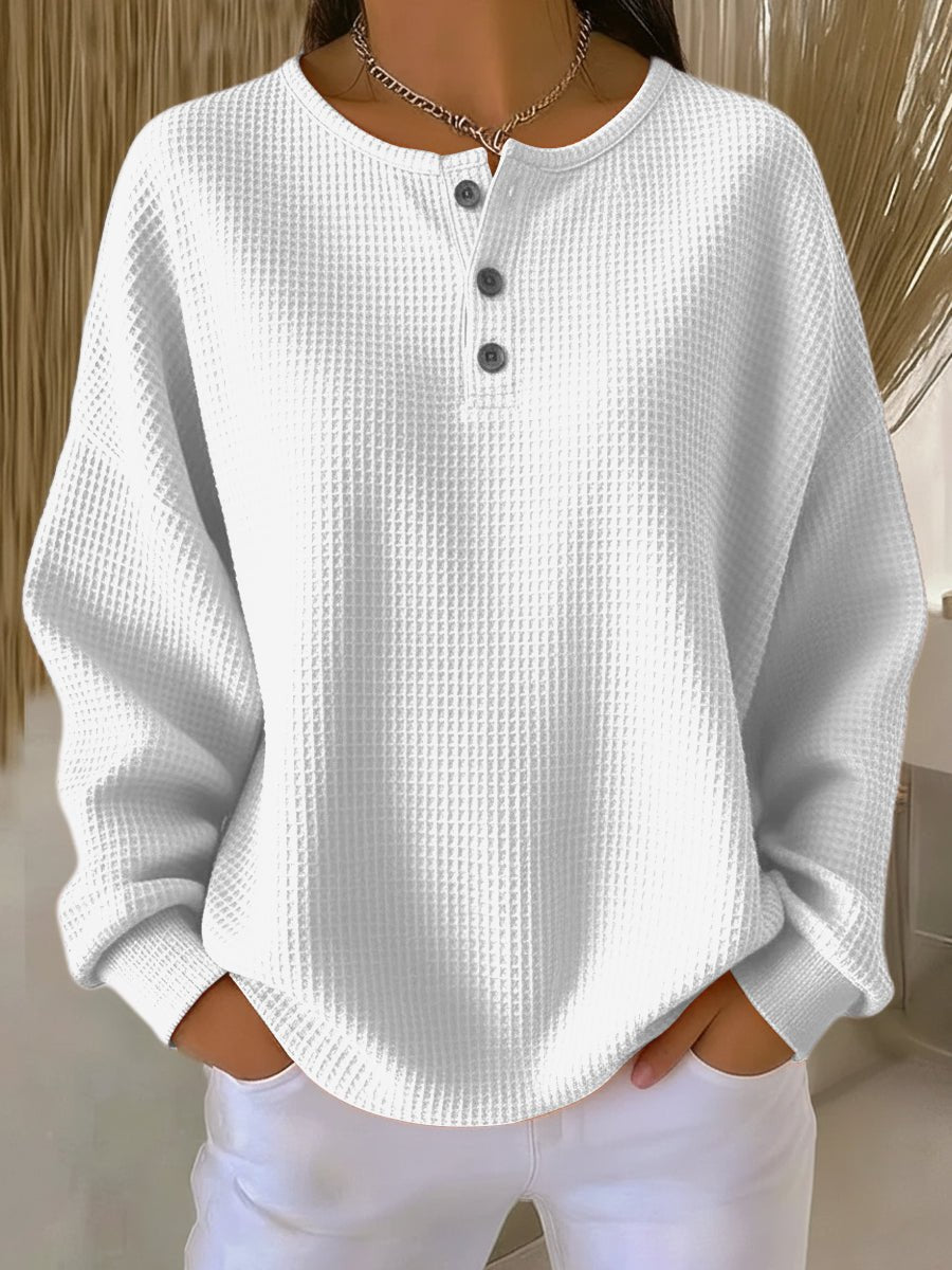 Women’s Oversized Waffle Knit Henley Jumper White