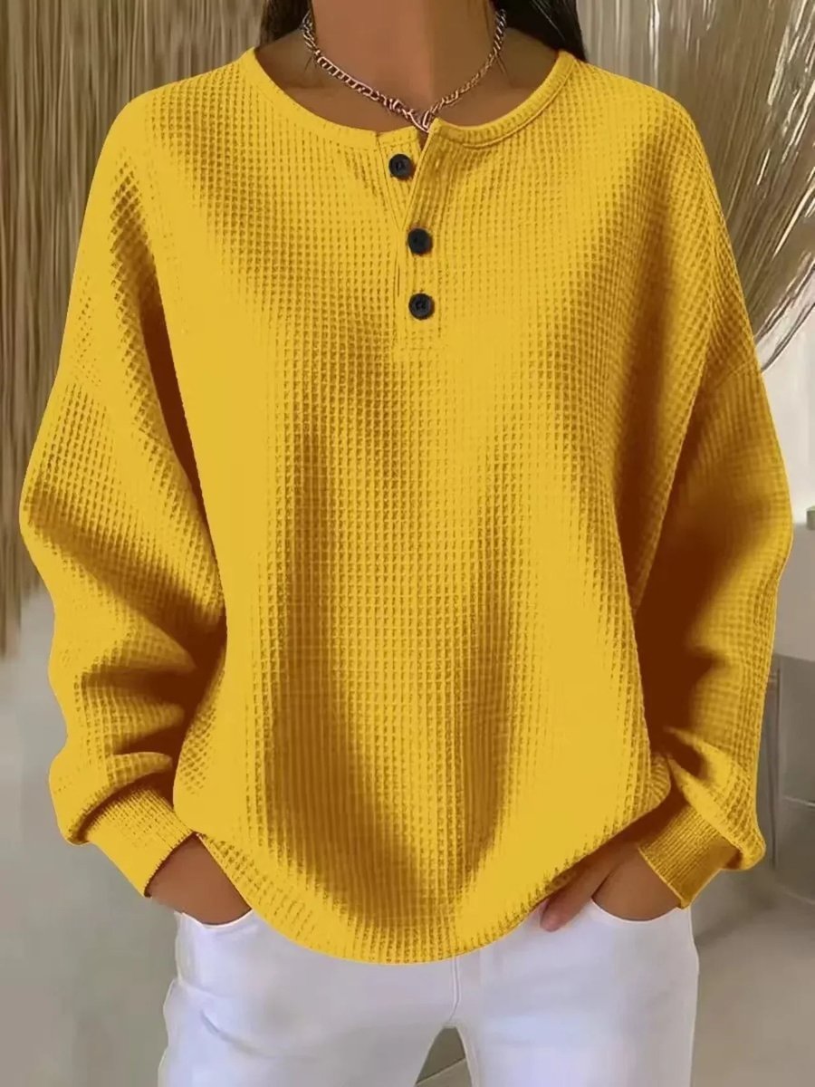 Women’s Oversized Waffle Knit Henley Jumper Yellow