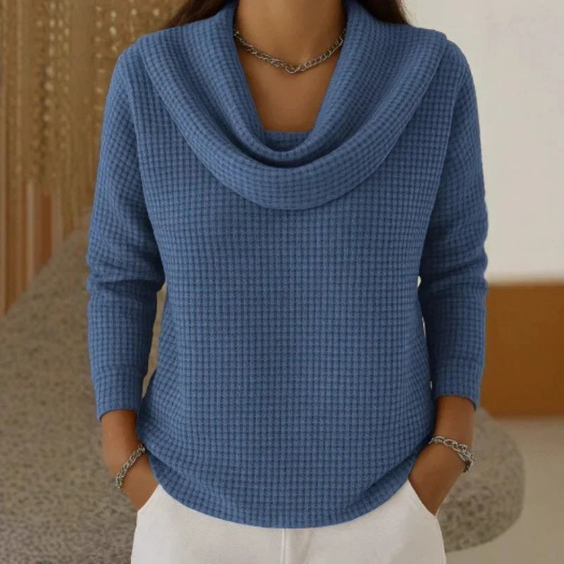 Women’s Warm Waffle Knit Jumper with Elegant Cowl Neck Blue