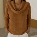 Women’s Warm Waffle Knit Jumper with Elegant Cowl Neck Brown