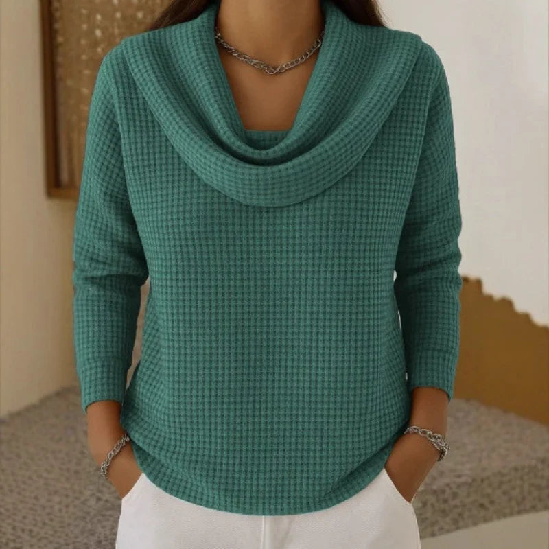 Women’s Warm Waffle Knit Jumper with Elegant Cowl Neck Green