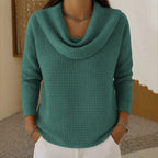 Women’s Warm Waffle Knit Jumper with Elegant Cowl Neck Green