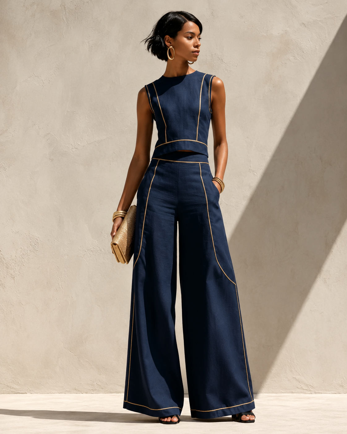 Women’s Elegant Two-Piece Set with Top and Trousers Navy