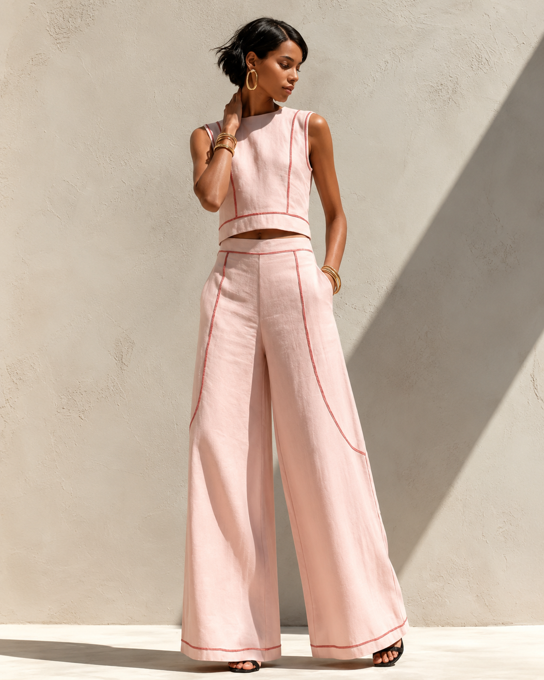 Women’s Elegant Two-Piece Set with Top and Trousers Pink