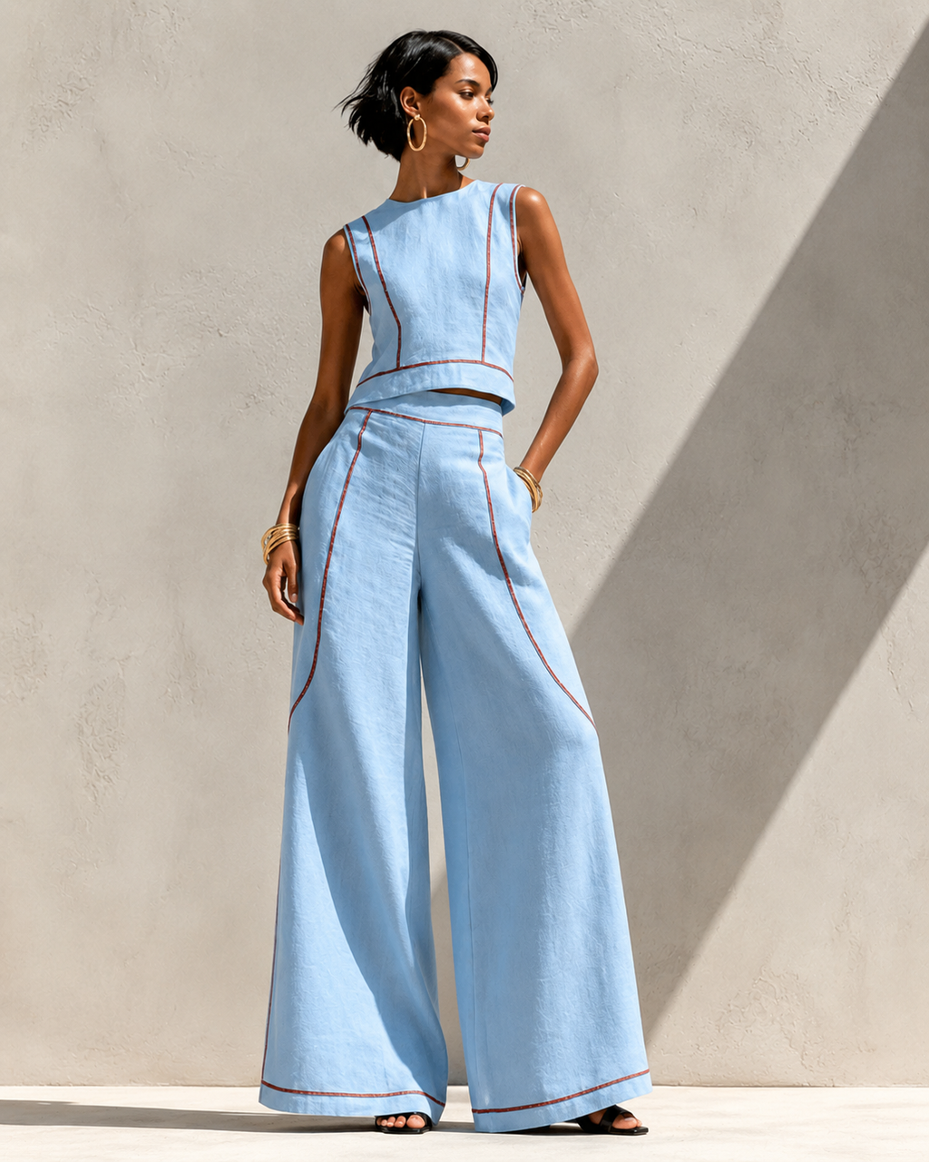 Women’s Elegant Two-Piece Set with Top and Trousers Sky Blue